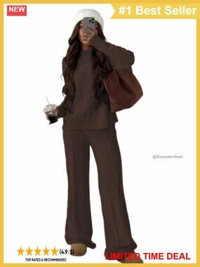 Cable Knit 2 Piece Sweater Set Crew Neck Top Wide Leg Trousers Lounge Set